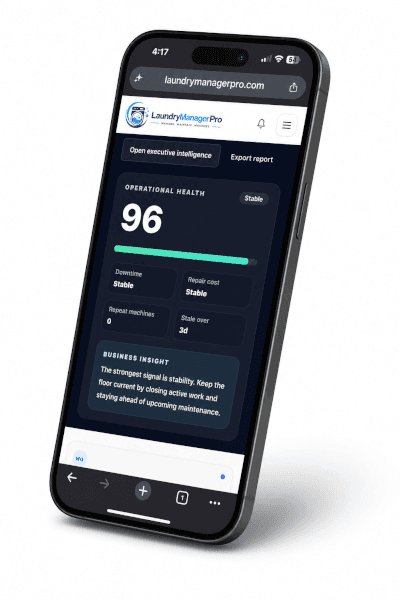 Mobile view of LaundryManagerPro laundromat maintenance software for monitoring work orders and machines