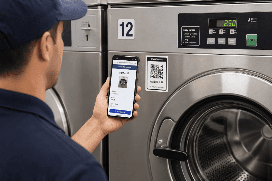 Attendant scanning the QR label on a washer with a phone — the machine page opening on screen