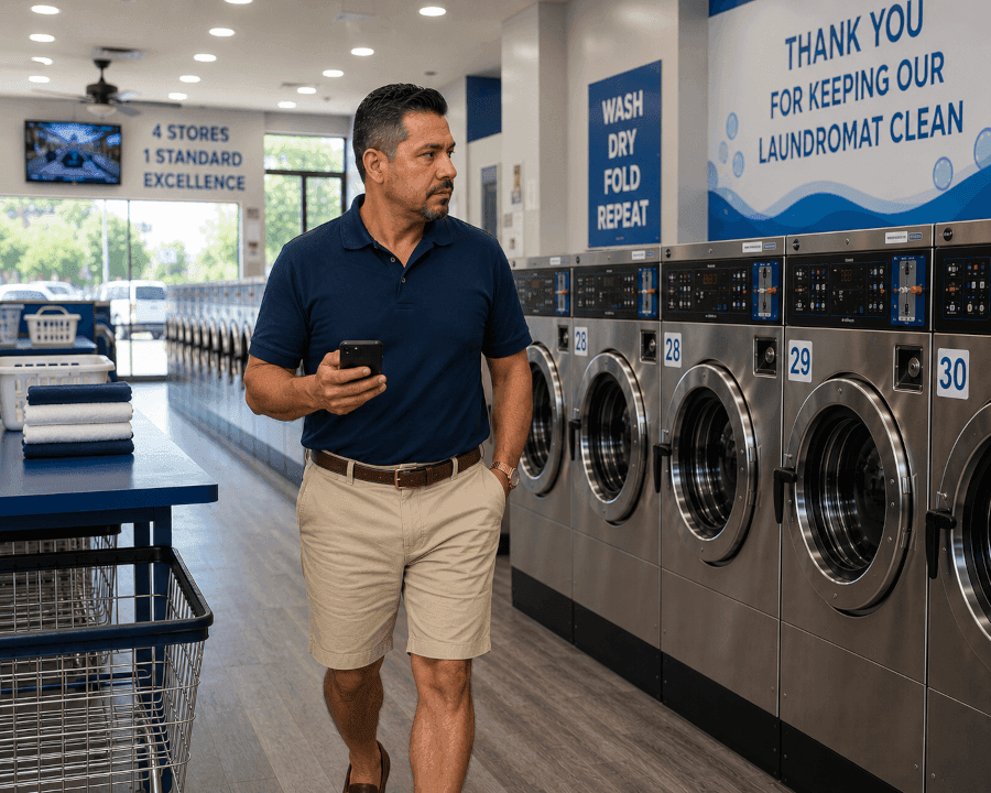 Multi-store laundromat owner walking his floor with a phone in hand, checking machines