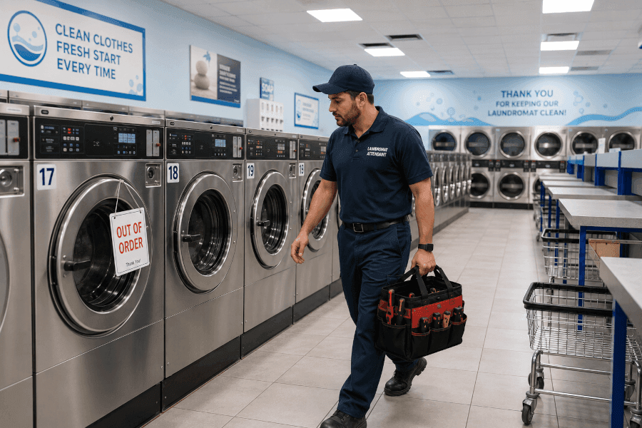 Attendant with a tool bag walking toward a washer tagged out of order in a bright laundromat