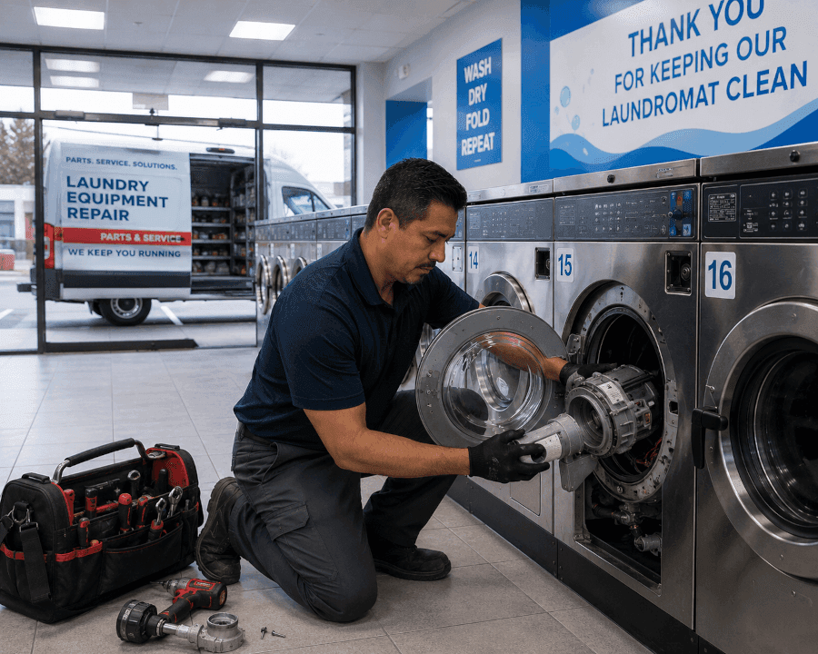 Repair technician replacing a washer part with the parts van visible through the storefront glass
