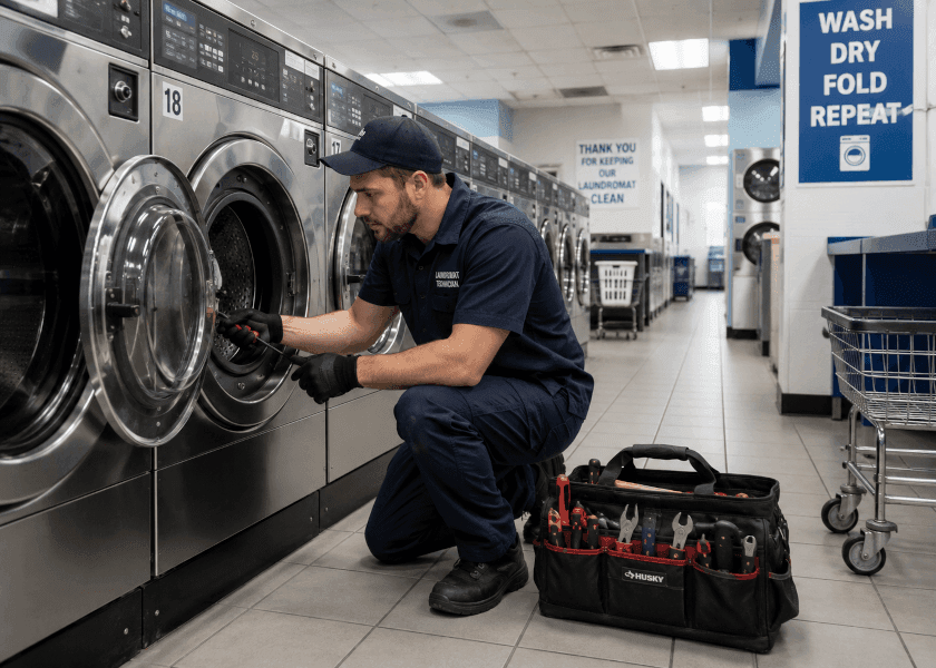 Technician servicing a washer in a laundromat with his toolbox open beside him