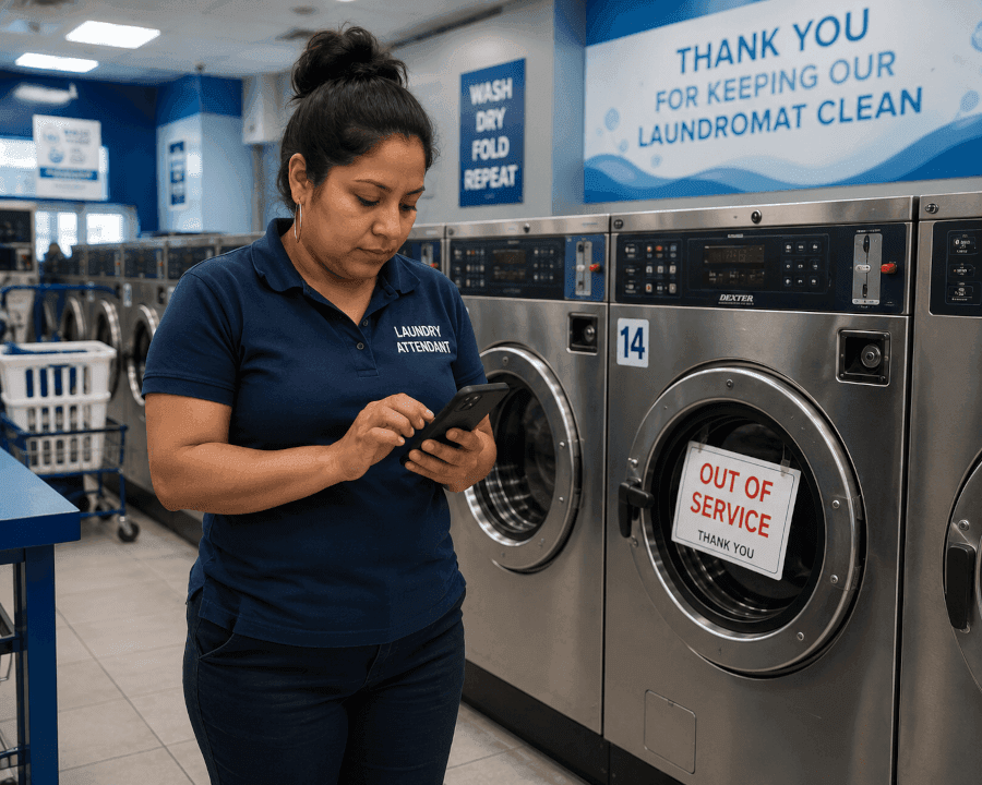 Laundry attendant reporting an out-of-service washer from her phone on the floor