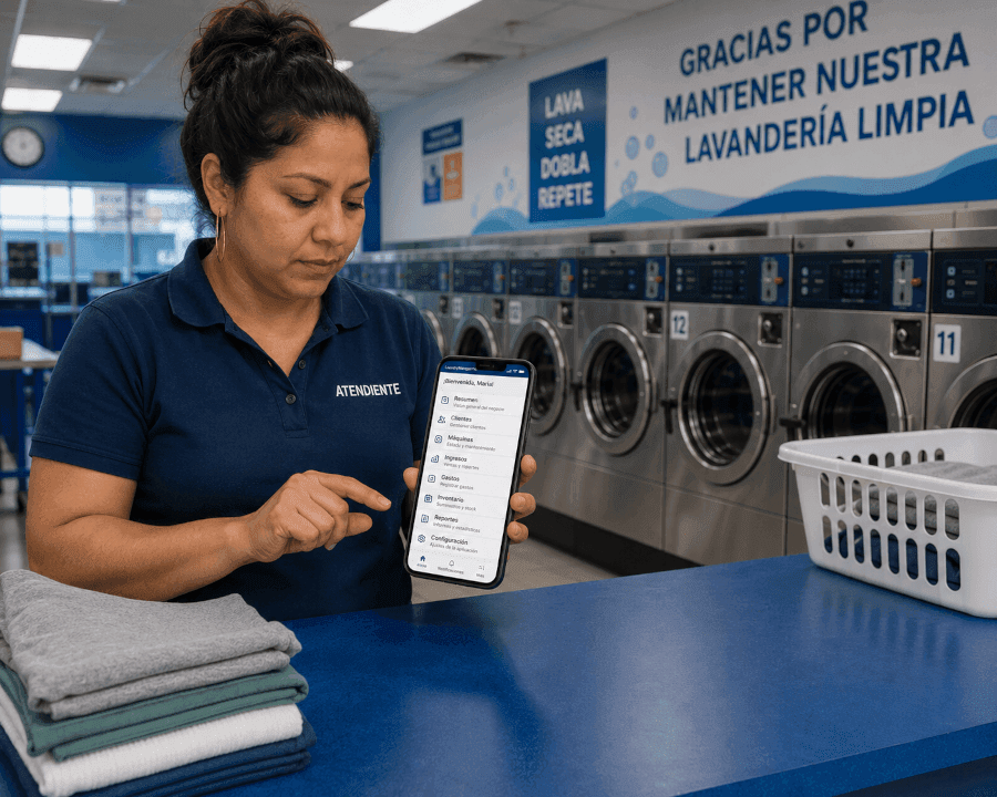Attendant at the folding table using LaundryManagerPro in Spanish on her phone